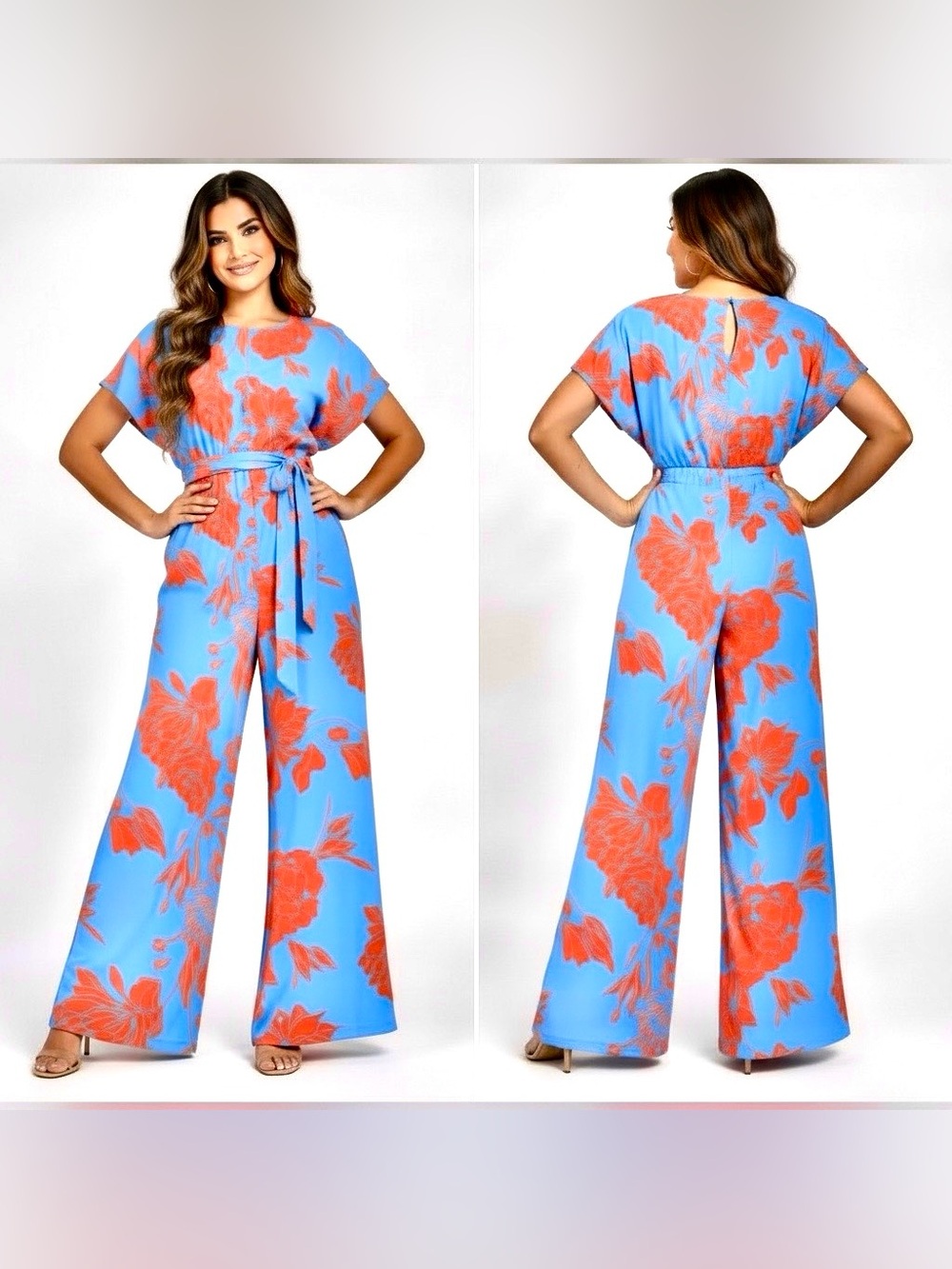 Blue Orange tropical floral jumpsuit short batwing sleeve wide legs XL tie waist